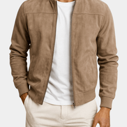 Suede-Textured Bomber Style Jacket for Men with Ribbed Trim