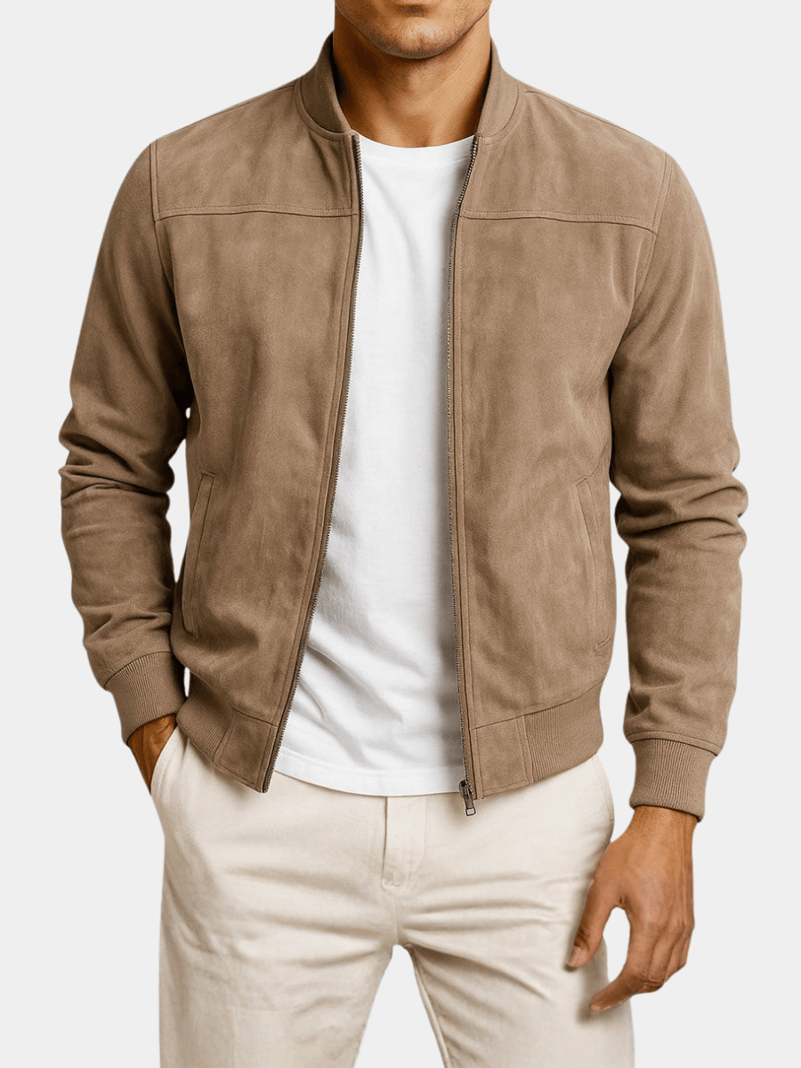 Suede-Textured Bomber Style Jacket for Men with Ribbed Trim