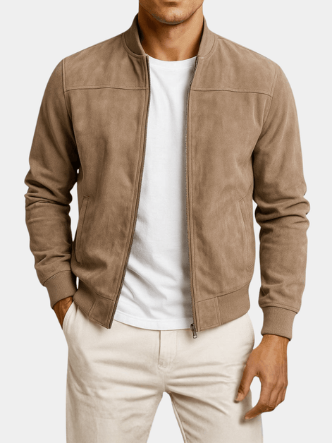 Suede-Textured Bomber Style Jacket for Men with Ribbed Trim