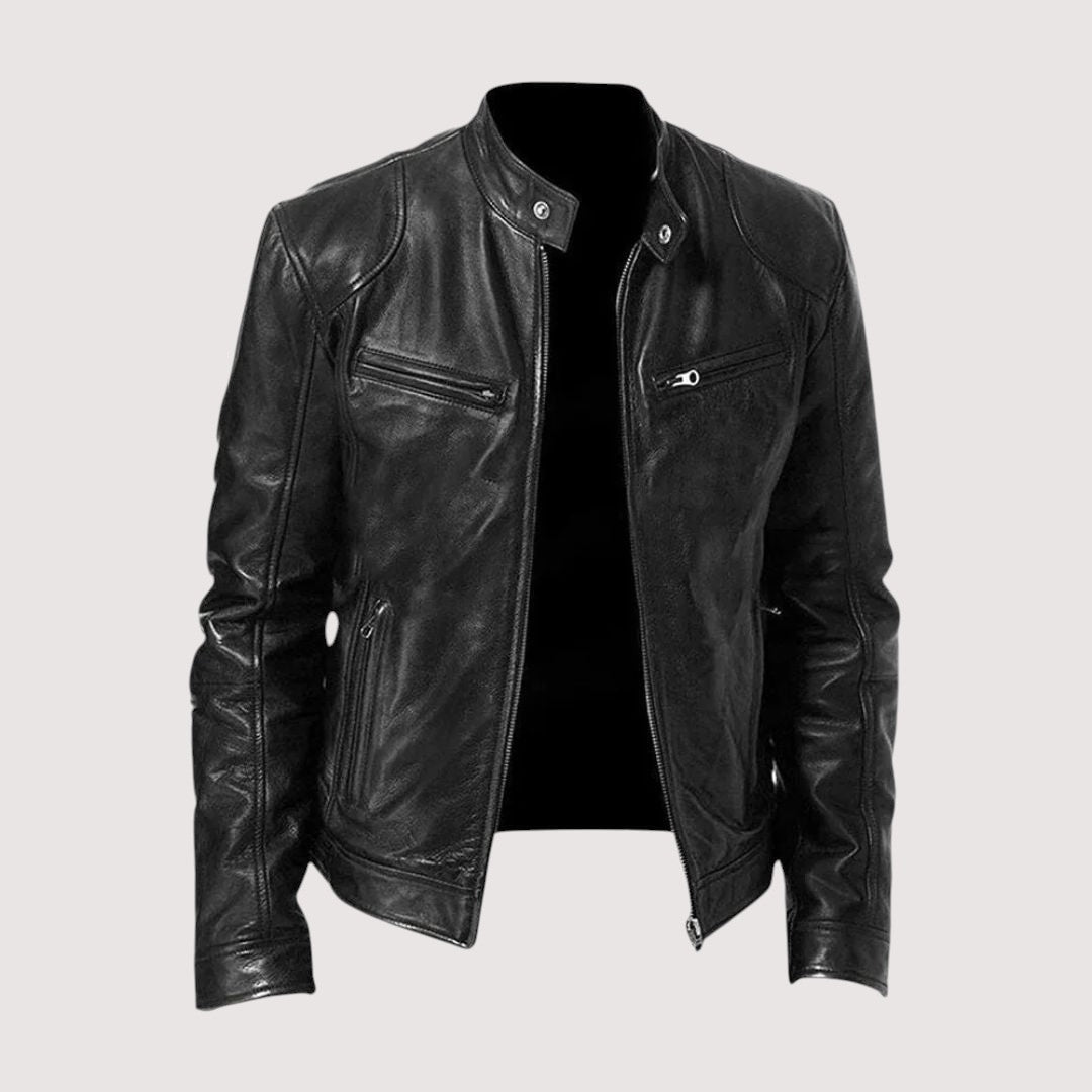 Genuine Leather Moto Jacket with Structured Zip Detailing for Men
