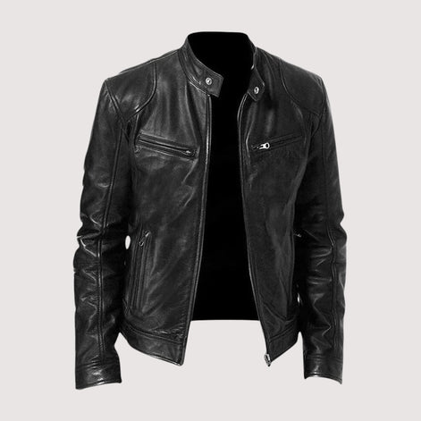 Genuine Leather Moto Jacket with Structured Zip Detailing for Men