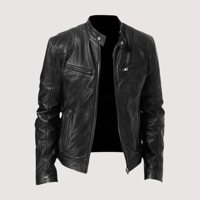 Genuine Leather Moto Jacket with Structured Zip Detailing for Men