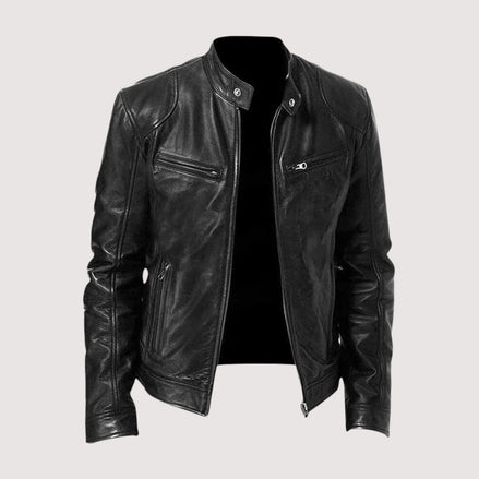 Genuine Leather Moto Jacket with Structured Zip Detailing for Men