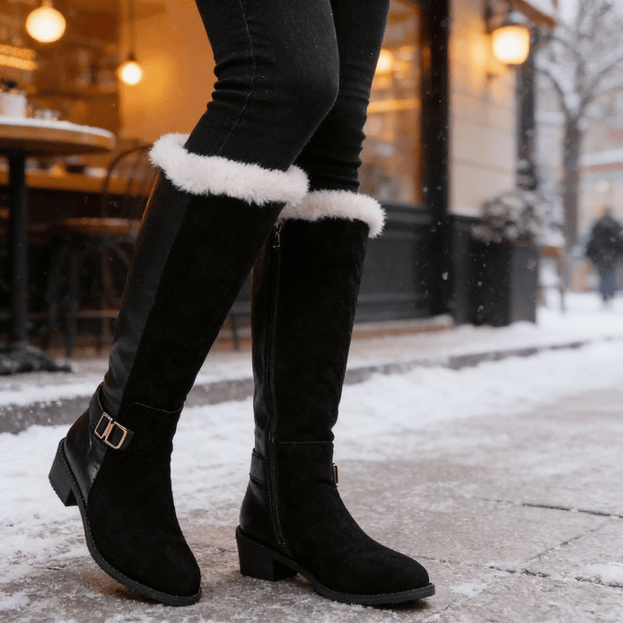 Fleece-Lined Knee High Boots for Women with Faux Fur Trim