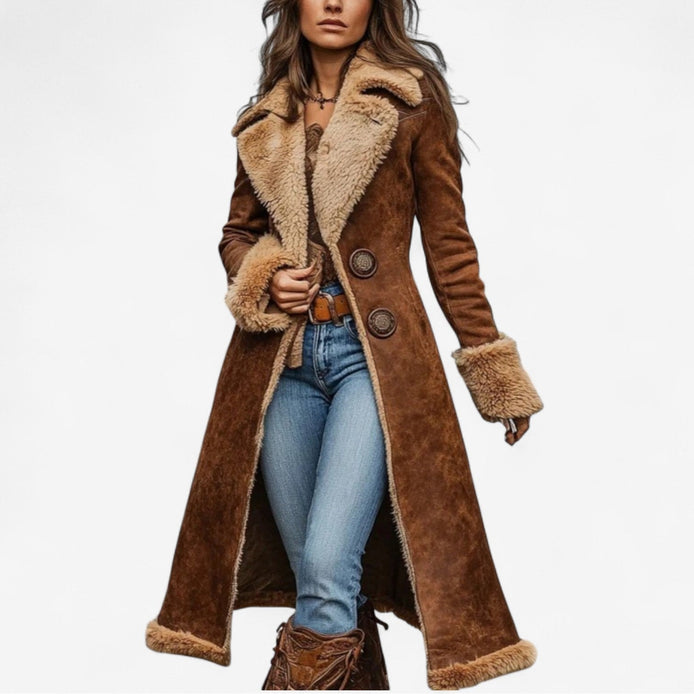 Claire Shearling-Trim Longline Suede Coat with Faux Fur Collar