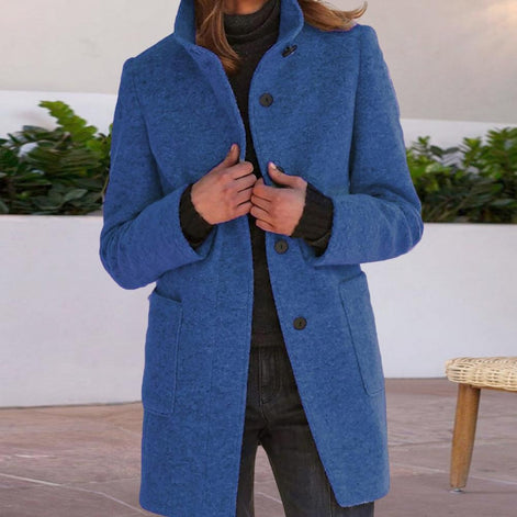 Women's Stand Collar Wool-Blend Winter Coat with Button Front