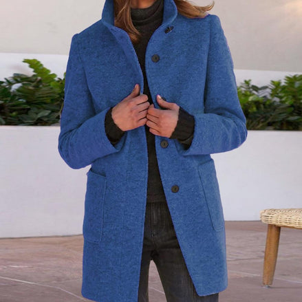 Women's Stand Collar Wool-Blend Winter Coat with Button Front