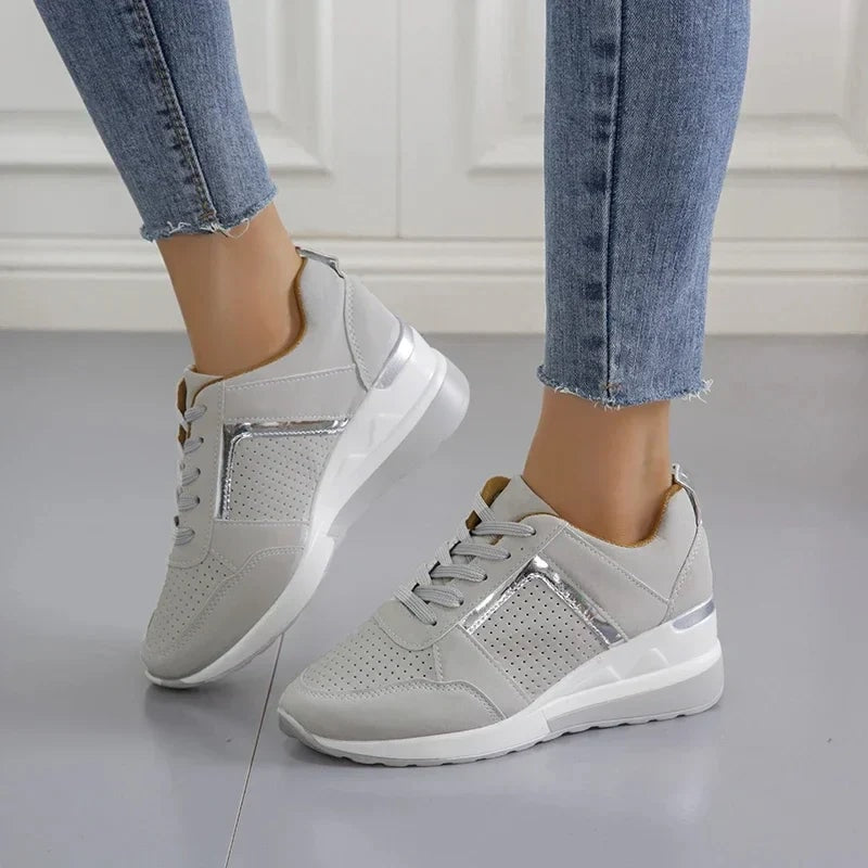 Women's Lace-Up Wedge Cushioned Sneakers with Breathable Mesh Panels