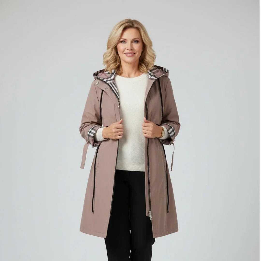 Ainsley Women's Hooded Zip-Up Longline Winter Coat with Check Lining