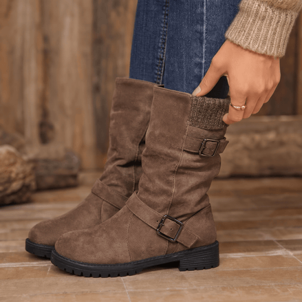 Wearbella Slouchy Mid-Calf Boots with Adjustable Buckle Strap for Women