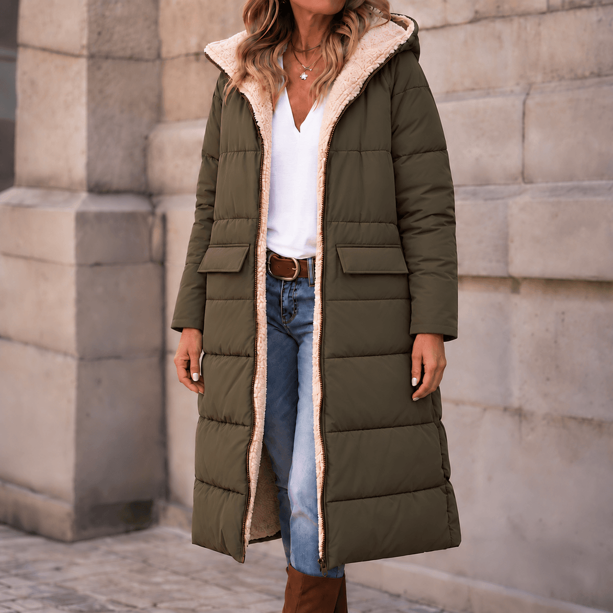 Reversible Hooded Long Puffer Coat with Faux Shearling Lining
