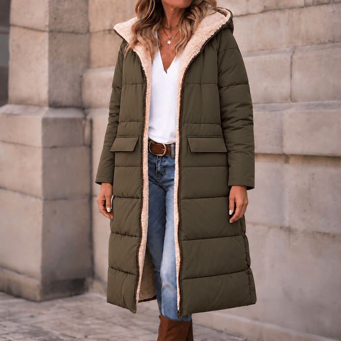 Reversible Hooded Long Puffer Coat with Faux Shearling Lining