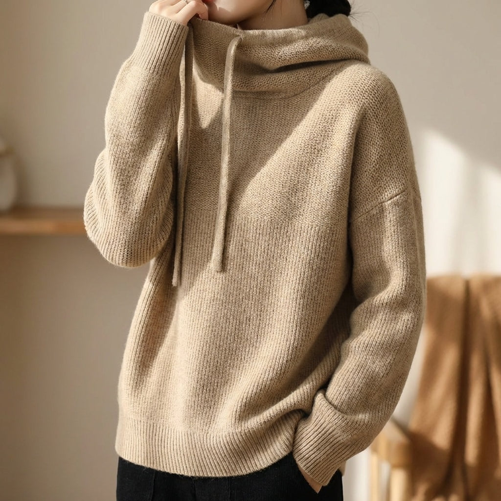 Women's Merino Wool Hooded Knitted Jumper with Drawstring