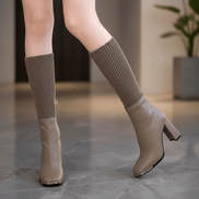 Women's Stretch Knit Block Heel Winter Boots with Side Zip