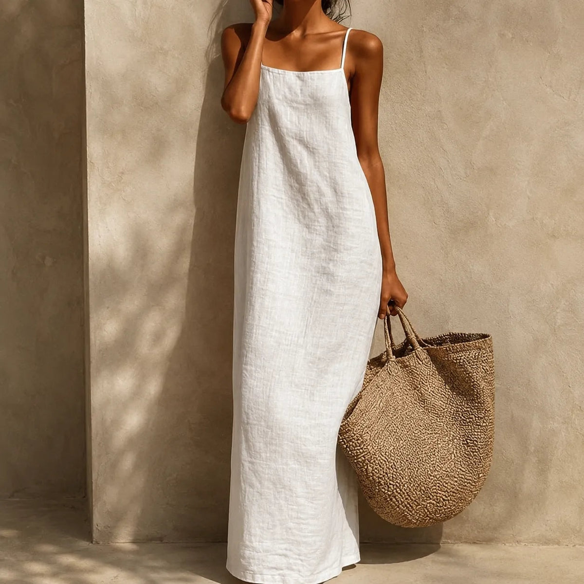 Women's Linen-Look Maxi Slip Dress with Adjustable Straps