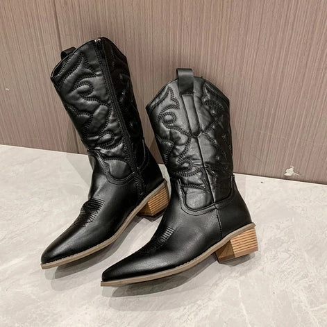 Nadia Embroidered Mid-Calf Cowboy Boots with Block Heel for Women