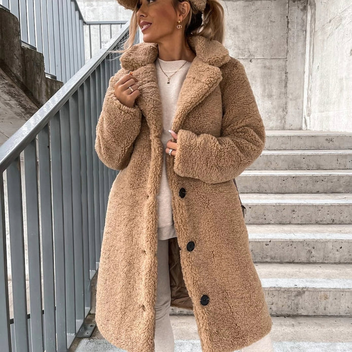 Doris | Oversized Teddy Long Coat for Women with Collared Button Front
