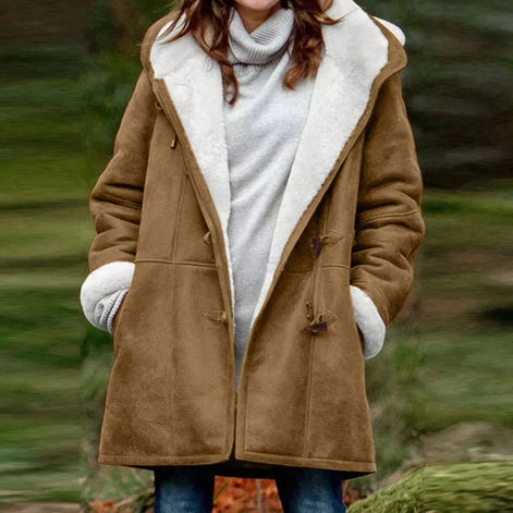 Women's Fleece-Lined Faux Suede Hooded Jacket with Toggle Closure