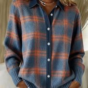 Sarah Plaid Button-Front Knitted Cardigan with Collar