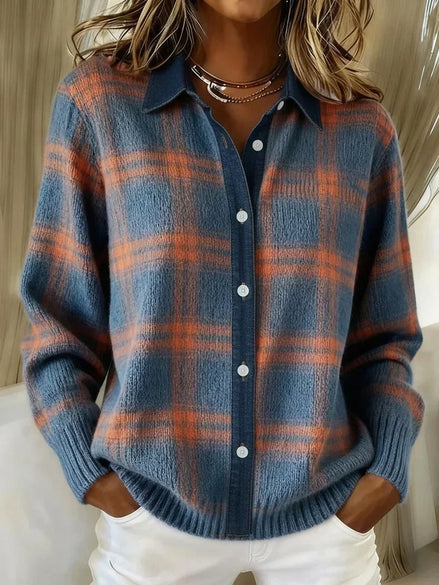 Sarah Plaid Button-Front Knitted Cardigan with Collar