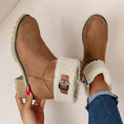 Faux Shearling Cuff Buckle Boots with Block Heel