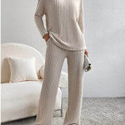 Women's Ribbed V-Neck Top and Trousers Two Piece Set