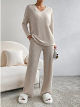 Women's Ribbed V-Neck Top and Trousers Two Piece Set