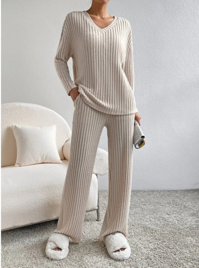 Women's Ribbed V-Neck Top and Trousers Two Piece Set