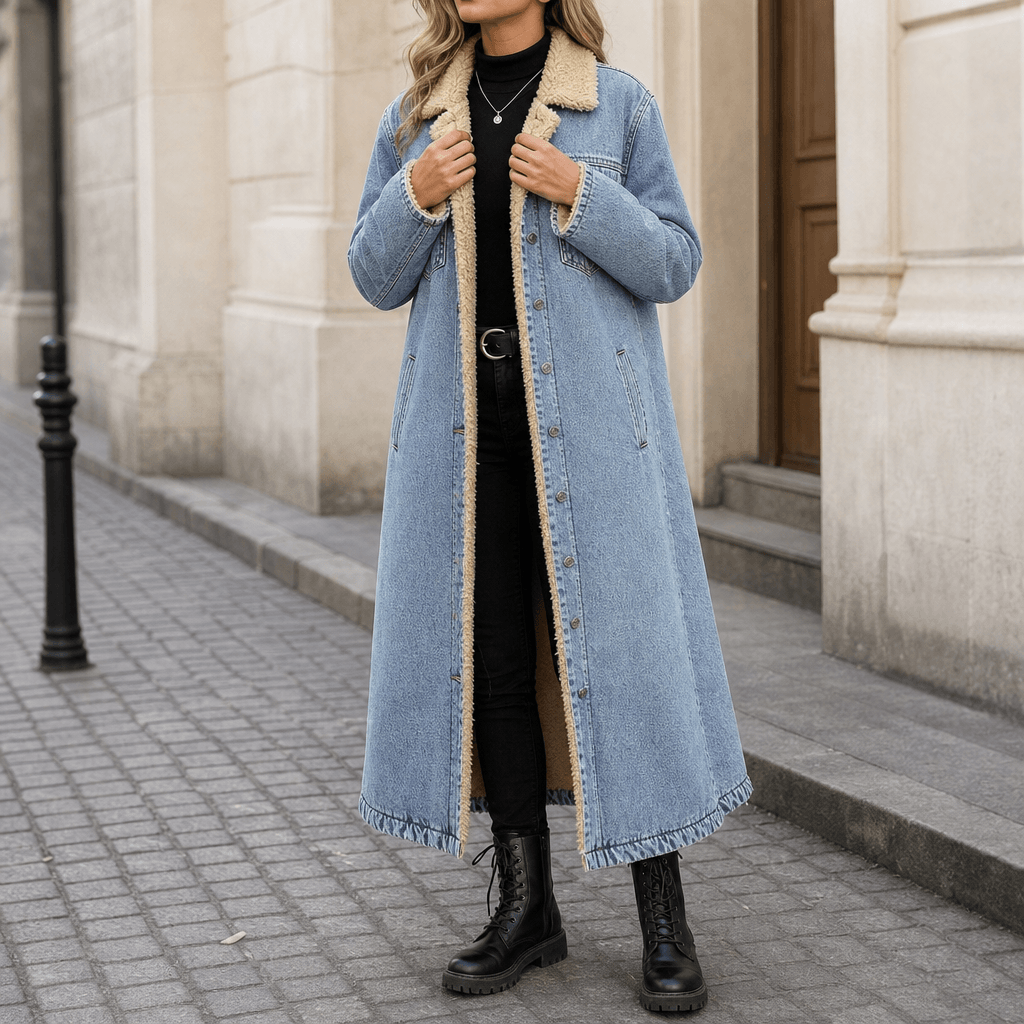 Denora Sherpa-Lined Full-Length Denim Coat with Lapel Collar