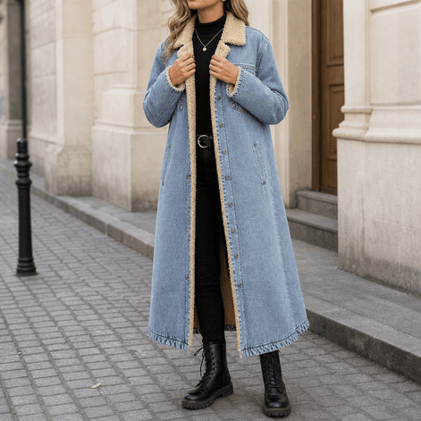 Denora Sherpa-Lined Full-Length Denim Coat with Lapel Collar