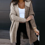 Women's Hooded Patchwork Wool Knitted Cardigan with Open Front