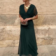 Wrap V-Neck Mesh Overlay Midi Dress for Christmas Party Events