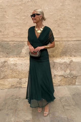 Wrap V-Neck Mesh Overlay Midi Dress for Christmas Party Events