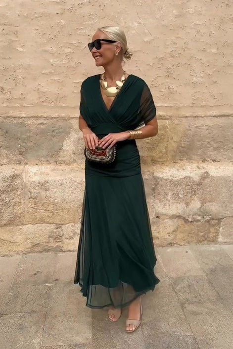 Wrap V-Neck Mesh Overlay Midi Dress for Christmas Party Events