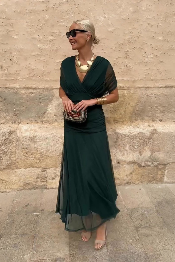 Wrap V-Neck Mesh Overlay Midi Dress for Christmas Party Events