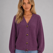 Chunky Ribbed Knit Button-Front V-Neck Women's Cardigan Jumper