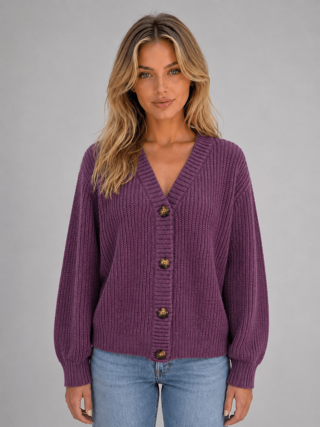 Chunky Ribbed Knit Button-Front V-Neck Women's Cardigan Jumper