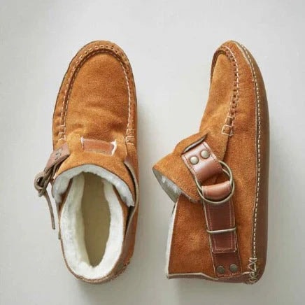 Women's Suede Shearling-Lined Ankle Boots with Buckle Strap Detail