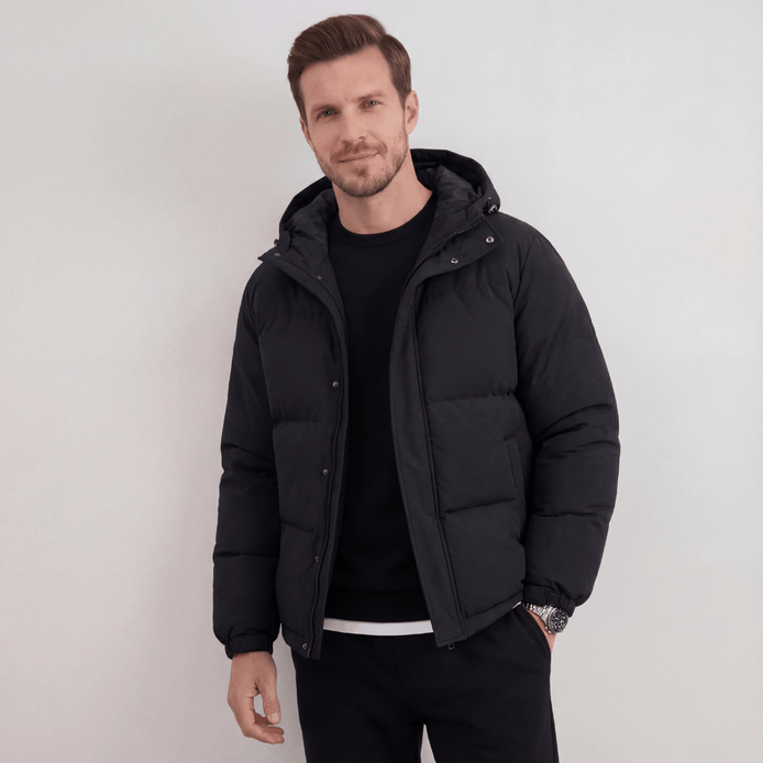 Men's Matte Polyester Puffer Jacket with Adjustable Hood