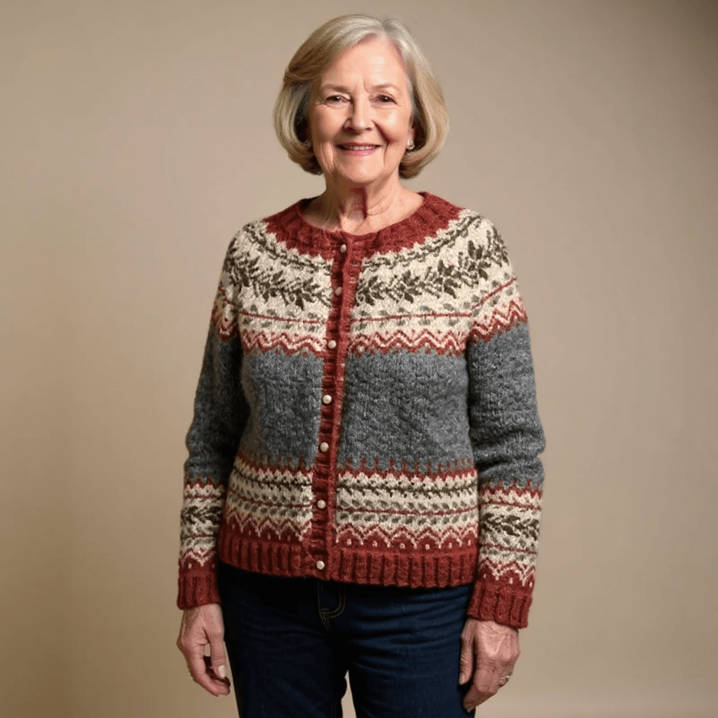 Women's Fair Isle Button-Up Knitted Cardigan with Nordic Yoke Pattern