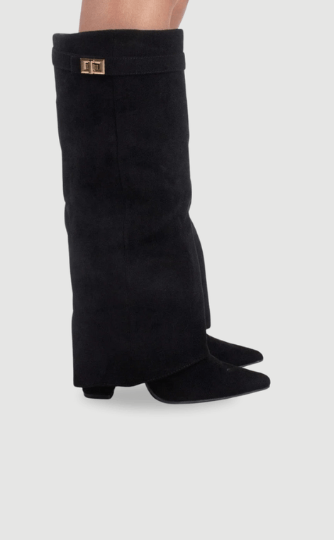Women's Suede Fold-Over Boots with Pointed Toe and Gold Buckle Detail