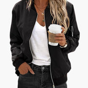 Women's Classic Polyester Bomber Jacket with Ribbed Trim and Zip-Up Front