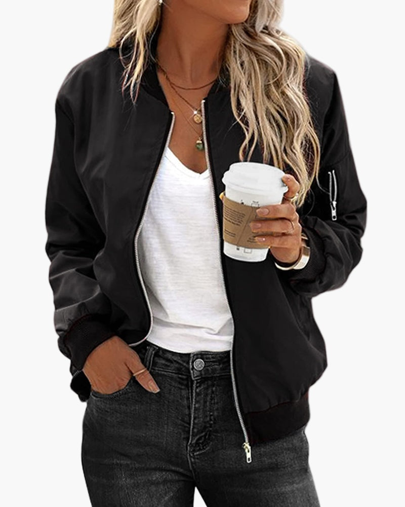 Women's Classic Polyester Bomber Jacket with Ribbed Trim and Zip-Up Front