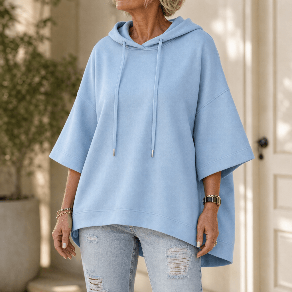 Women's Oversized Half-Sleeve Hooded Sweatshirt with Drawstring