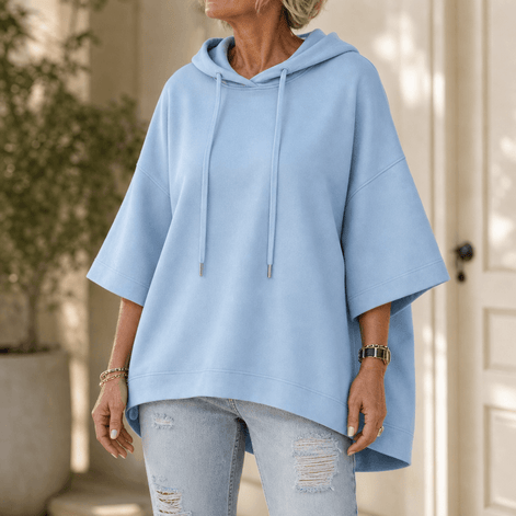 Women's Oversized Half-Sleeve Hooded Sweatshirt with Drawstring