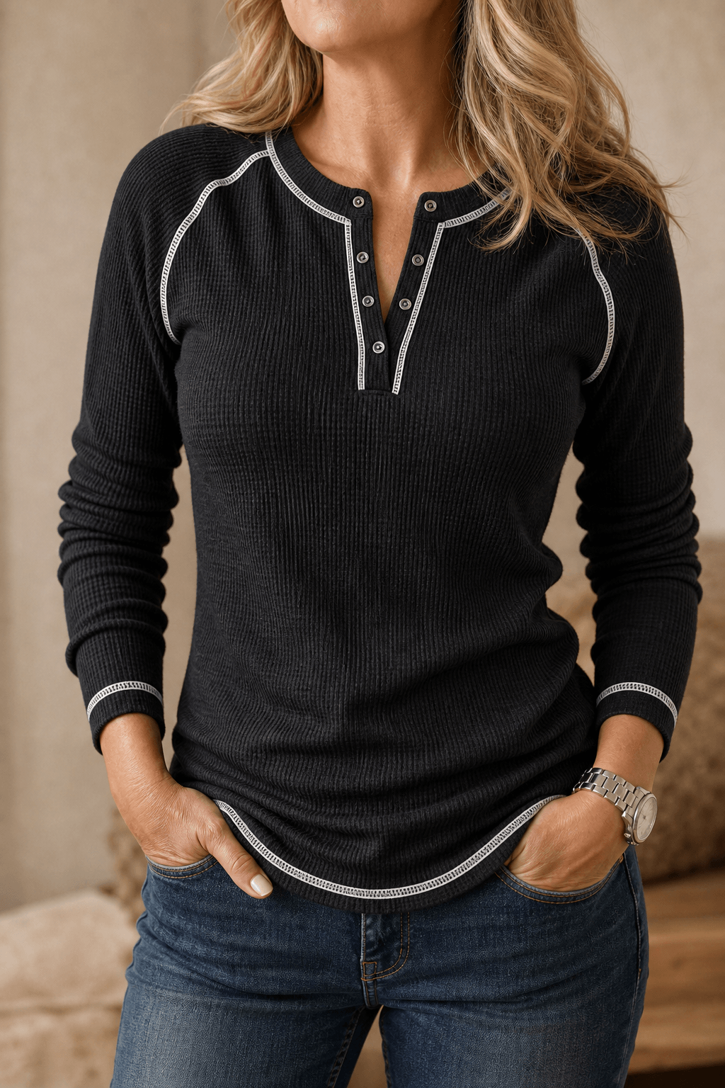 Women's Waffle Knit Henley Top with Button Placket