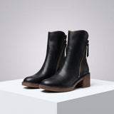 Bellora Leather Ankle Boots with Side Zipper and Stacked Block Heel