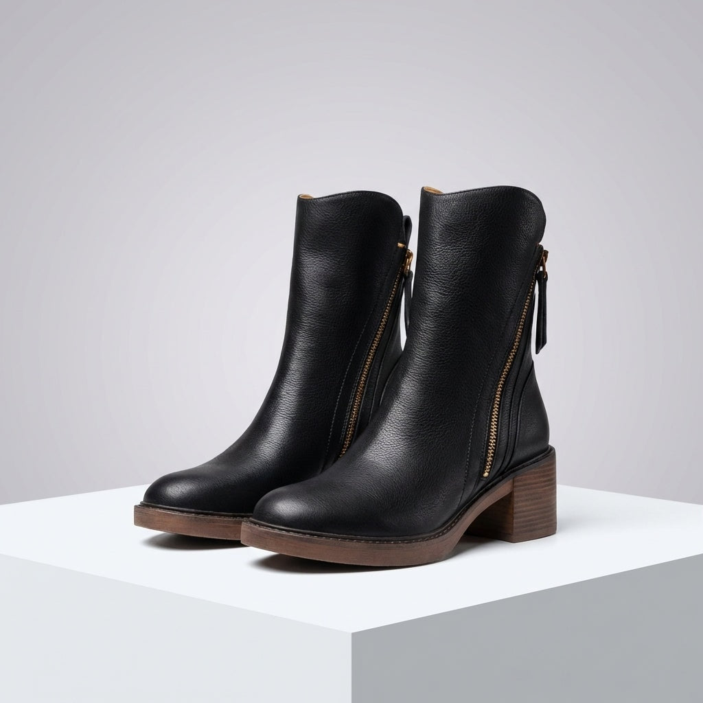 Bellora Leather Ankle Boots with Side Zipper and Stacked Block Heel