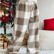 Women's Plush Plaid Wide-Leg Fleece Lounge Trousers