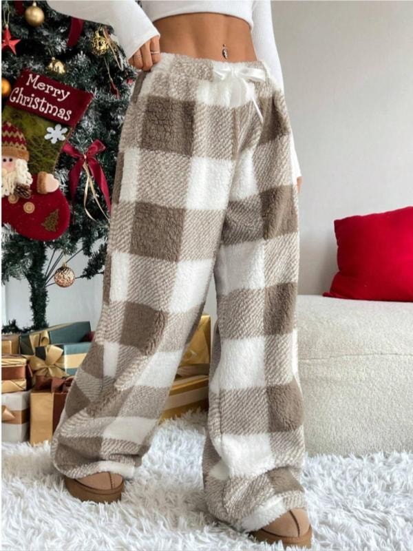 Women's Plush Plaid Wide-Leg Fleece Lounge Trousers
